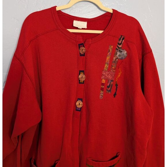 Nu Views Vintage Red Cardigan XXL 100% Cotton Button Abstract Embroidery - Picture 6 of 14